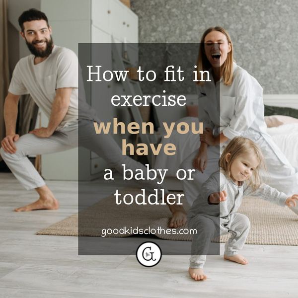 Mother and father doing a workout at home with a toddler